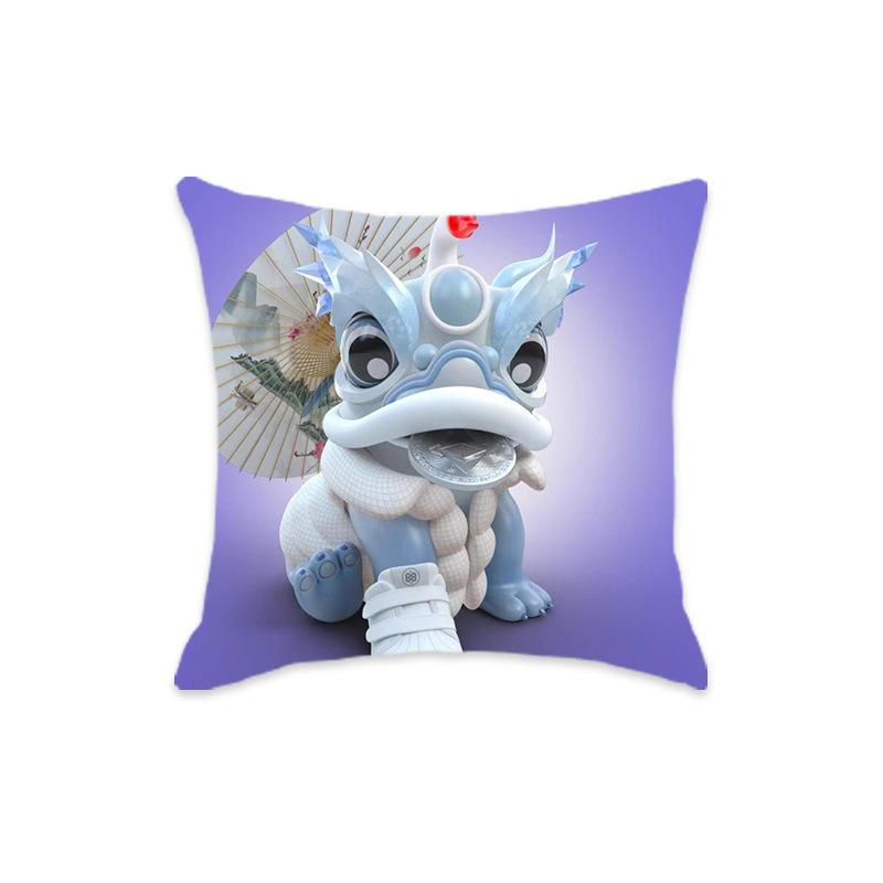 New Chinese Style Mythical Beast Lion Pillowcase - Festive Cartoon Home Decor Cushion for Sofa and Bed.