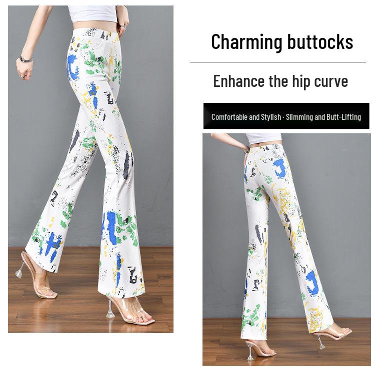 2024 Summer Women's Slimming Stretchy Micro-flare Long Pants with Printed Elastic Waist