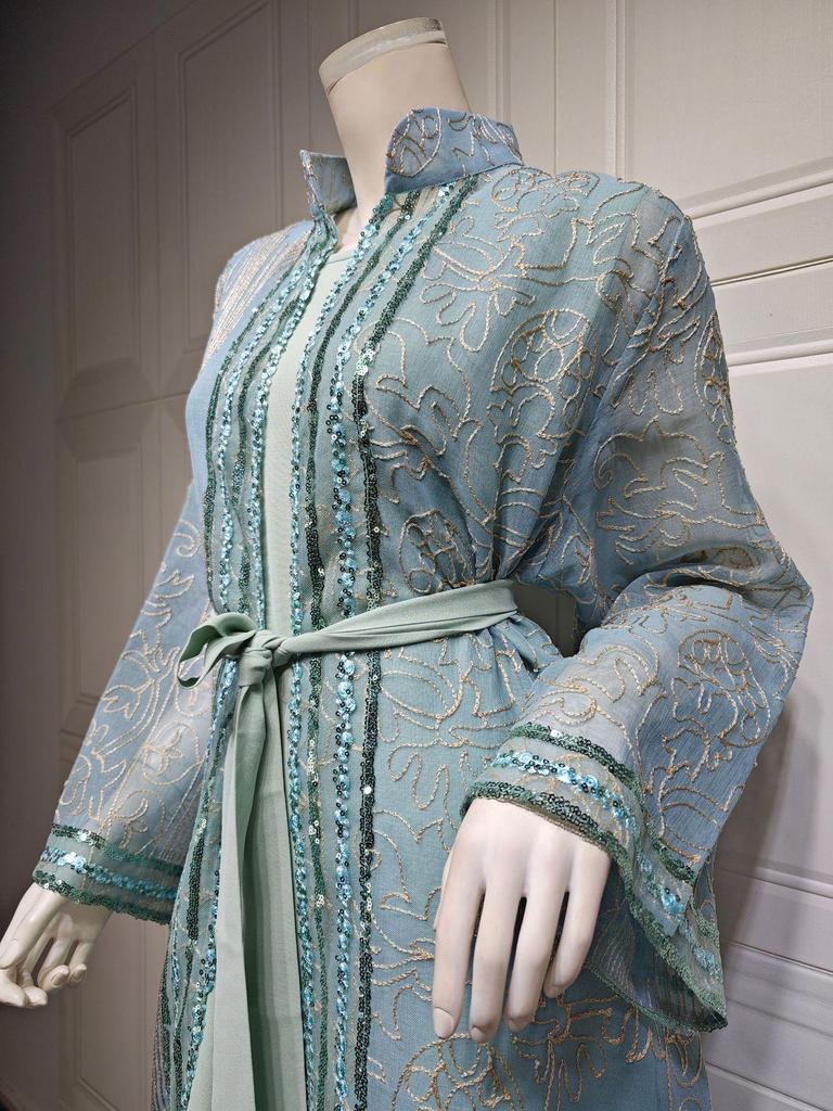 AB333 Elegant Middle Eastern Two-Piece Robe Set with Belt - Dubai Long Cardigan Dress