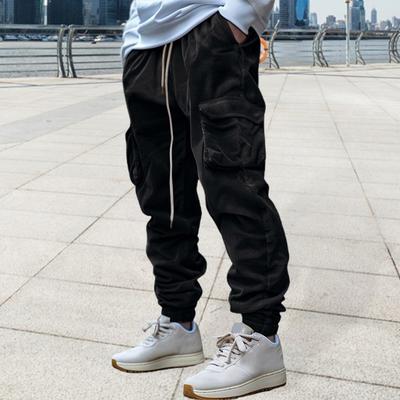 Men Cargo Pants Ankle-banded Drawstring Elastic Waist Loose Solid Color Sweatpants with Pockets Retro Style Windproof Ankle Length Trousers