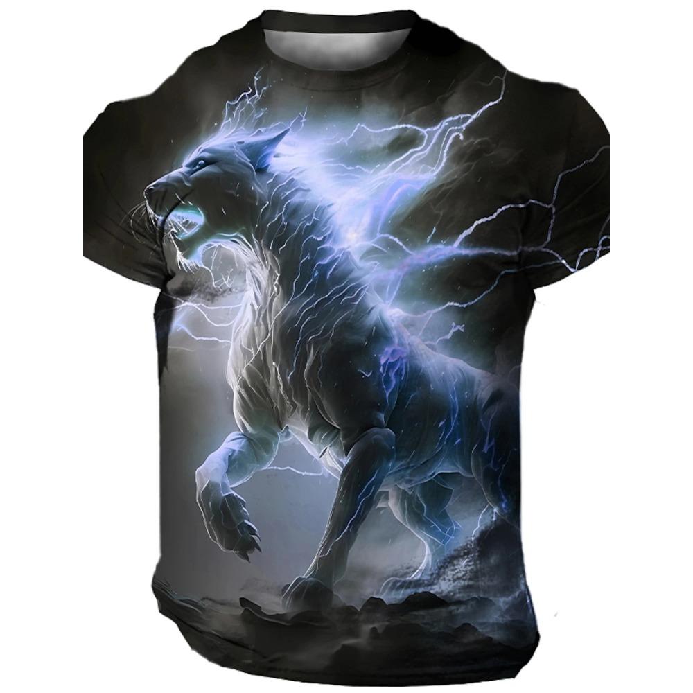 Men's Stylish T-Shirt with Polar Bear Print, New Summer Casual Outdoor Short Sleeve, Lightning Pattern, Comfortable Streetwear Top