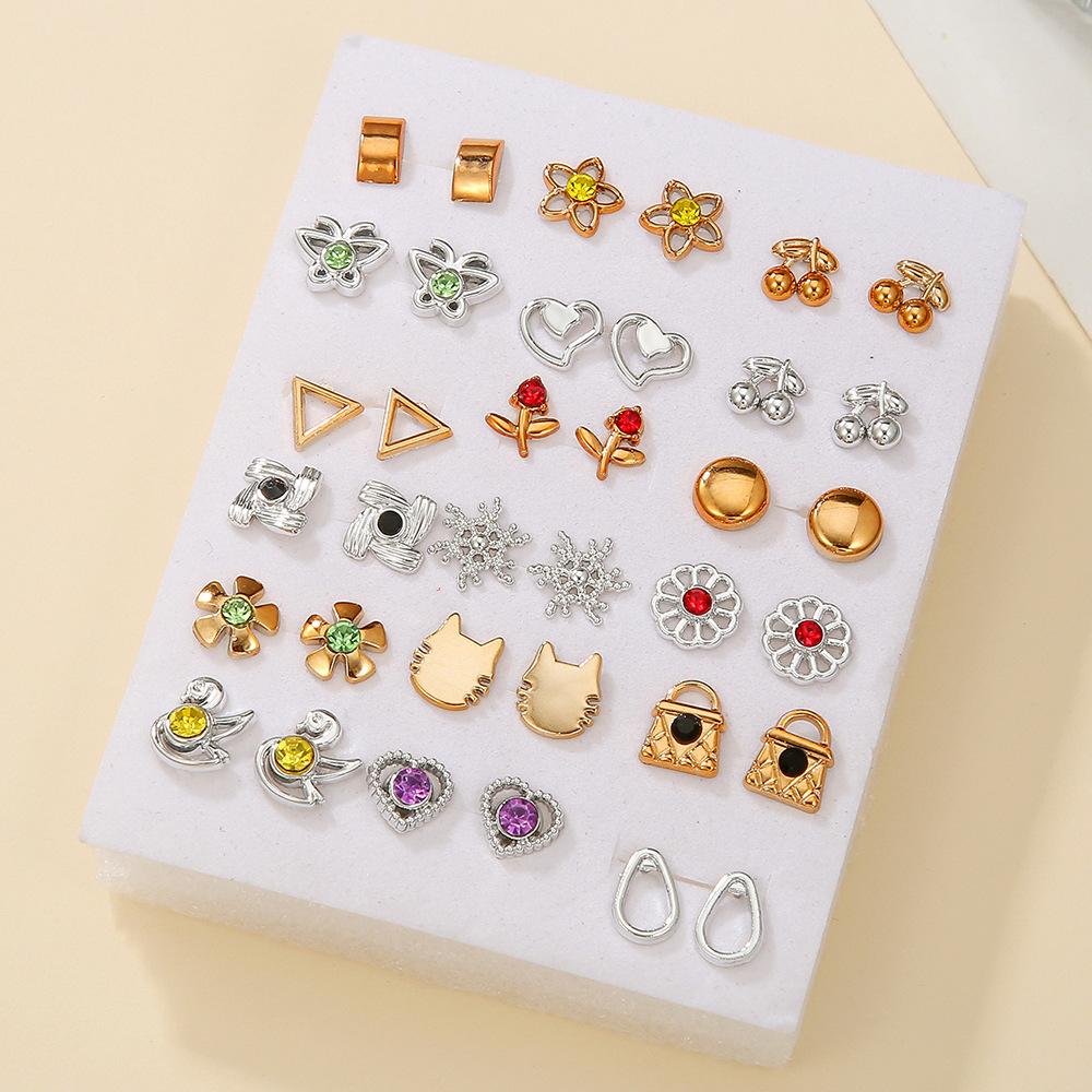 Popular 18 Pairs of Small Stud Earrings, Geometric Multi-pattern Cartoon Versatile Alloy Earrings
