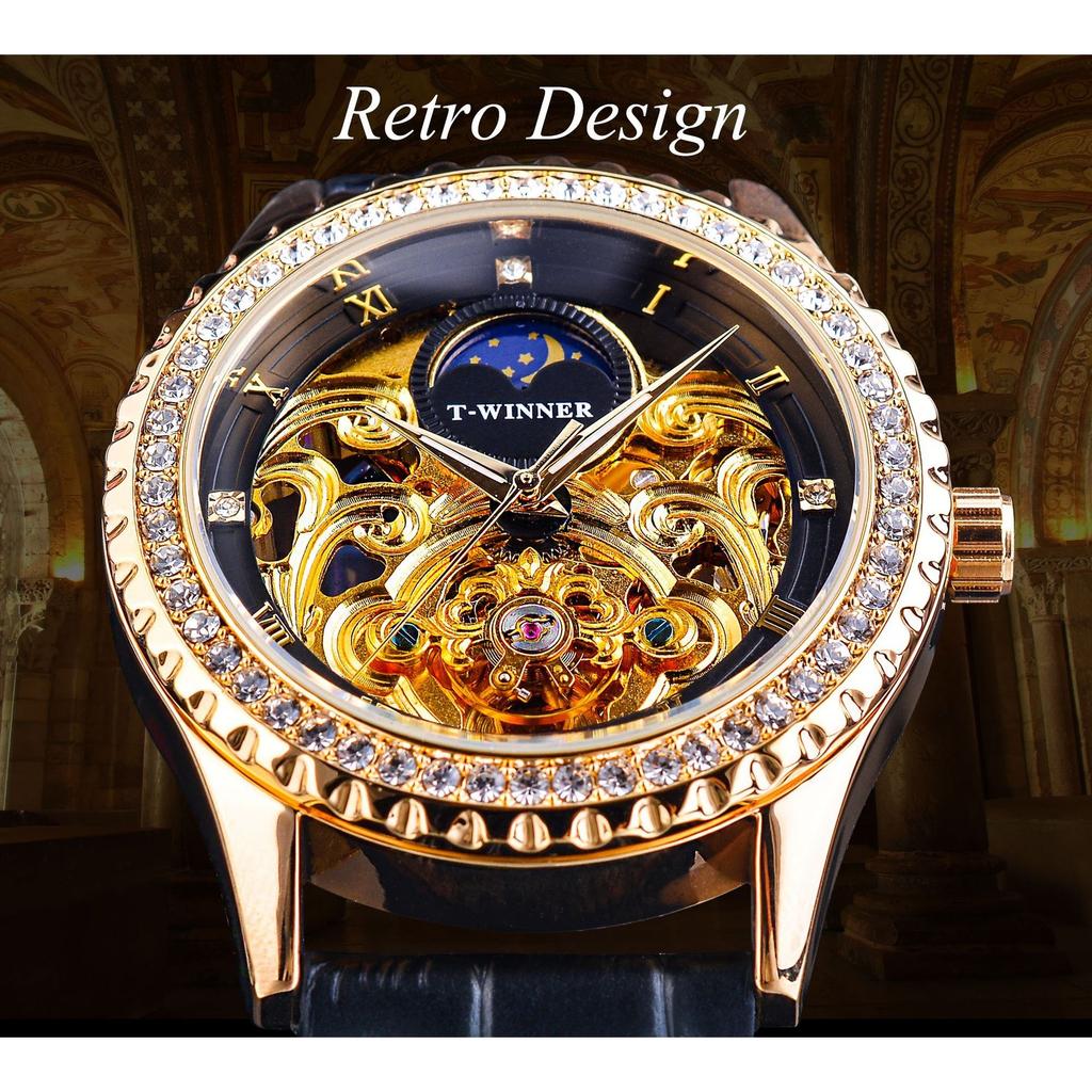 T-Winner Men's Fashion Hollow Vintage Rhinestone Belt Watch Automatic Mechanical Watch