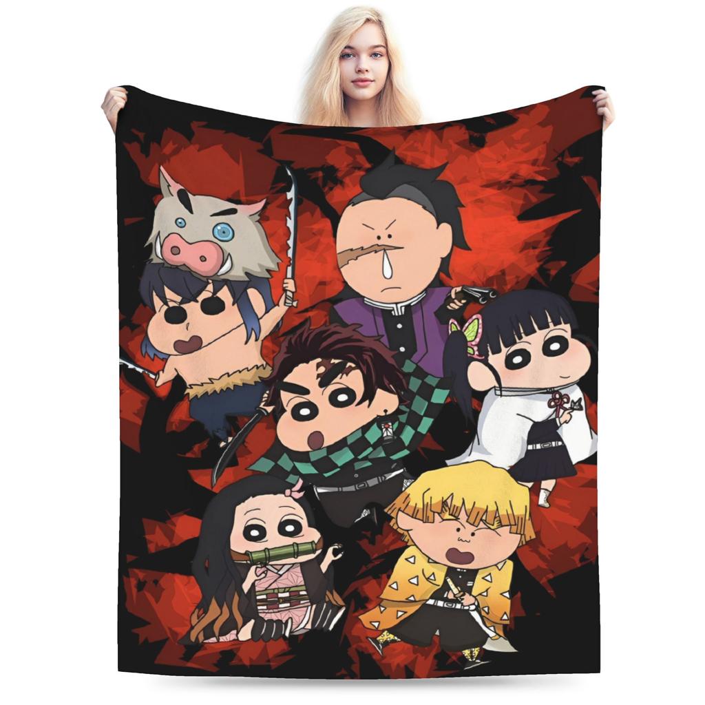 Crayon Shin Chan Demon Slayer Fleece Throw Blanket Anime Blankets for Home Travel Warm Plush Thin Quilt