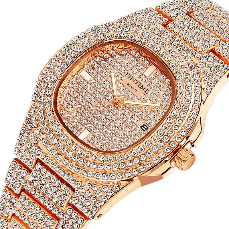 PINTIME Luxury Men's Watches Iced Out Diamond Case Waterproof 30m Stainless Steel Clasp Fashion Quartz Wristwatch Calendar Reloj