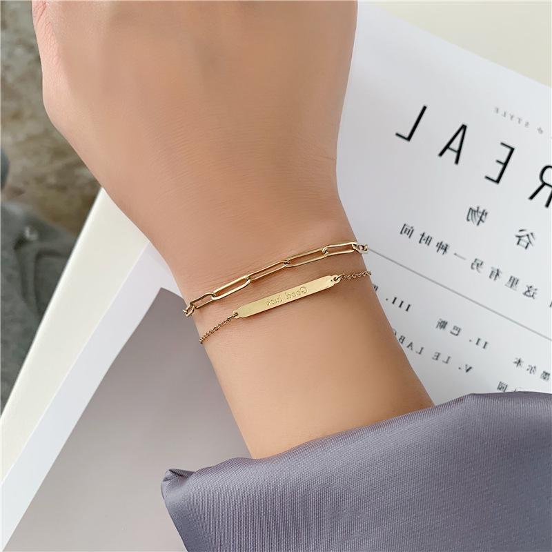 Square Pendant Double Layer Bracelet - 18K Gold Plated Titanium Steel, Fashionable European & American Good Luck Chain for New Year.
