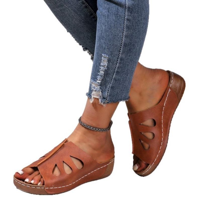 Retro Women's Shoes Wedge Heels One-line Women's Slippers