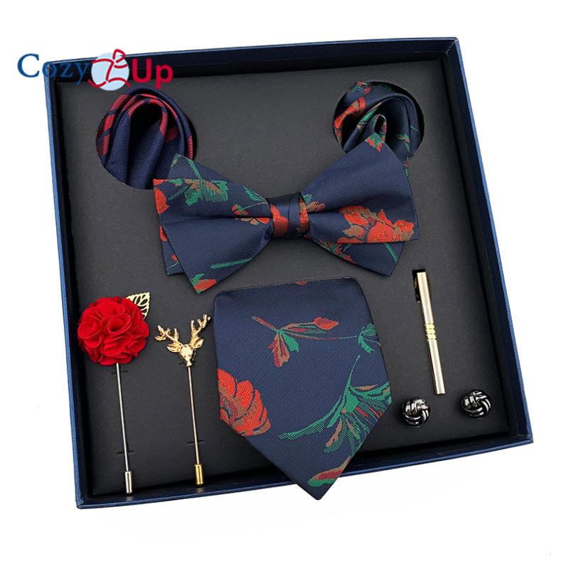7 PCS Classic Men's  Tie Set Paisley Stripe Necktie for Men Pocket Square Bowtie  Brooch Cuff Father's Day Gift Box