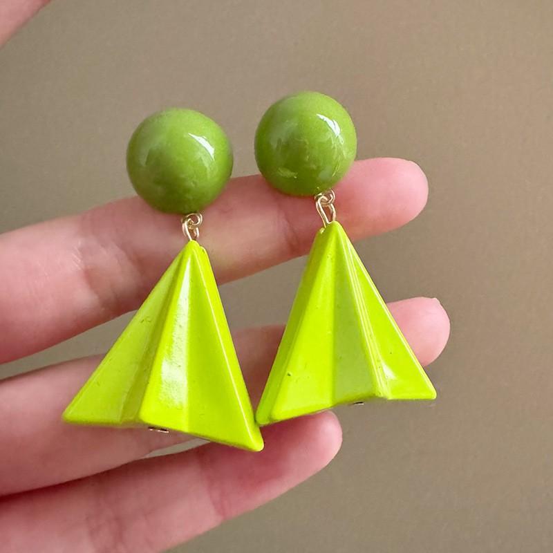 Exquisite Versatile Pierced Earrings Cute Smart Green Geometric Pendant Small Fresh Sweet Girly Ladies Dangle Jewelry