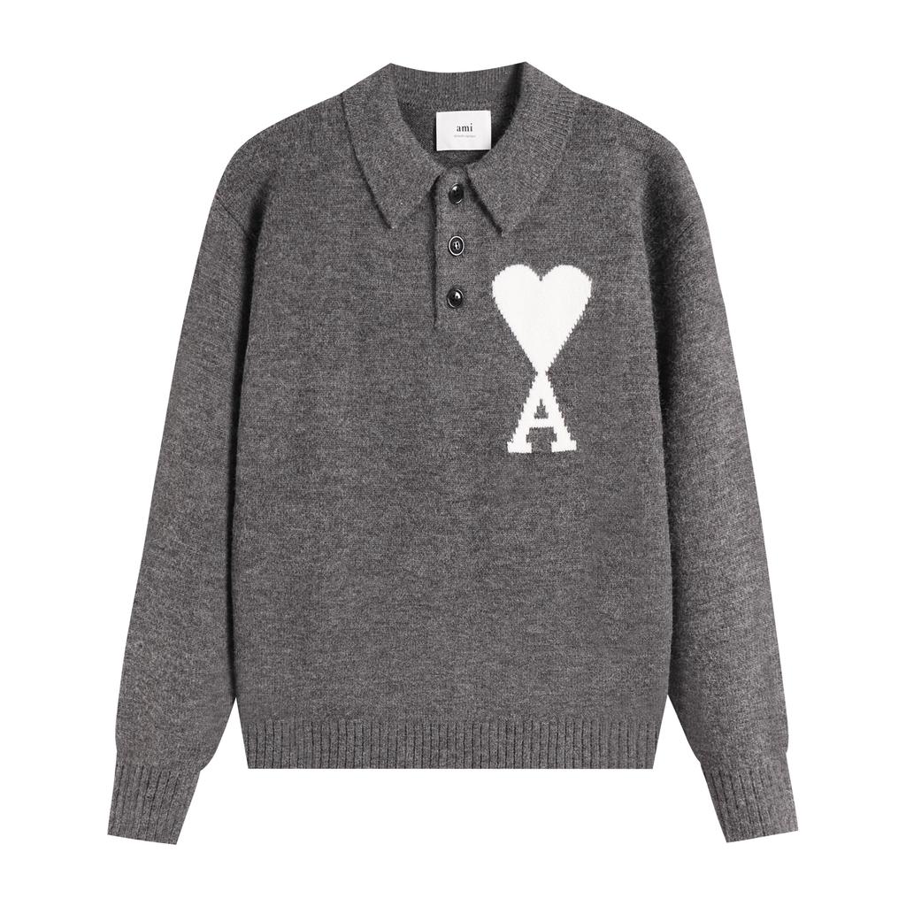 AMI New Polo Collar Knitted Sweater Jacquard Love Couple Woolen Sweater