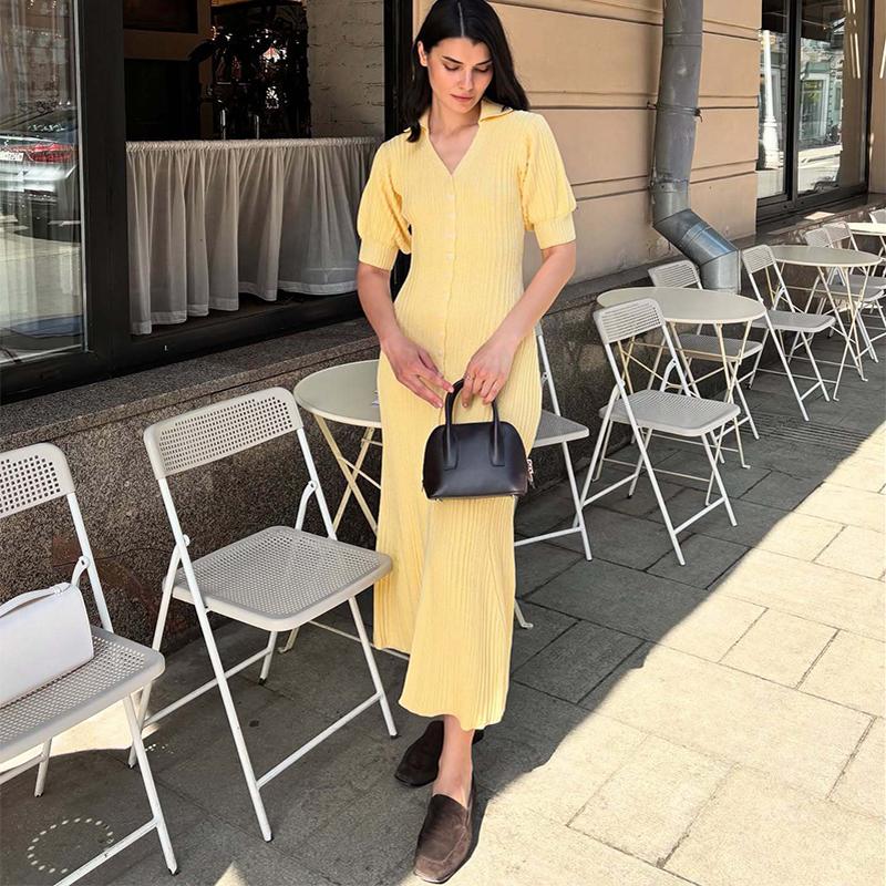 Slit Long Cardigan Knit Dress Women Fashion Short Sleeve Patchwork High Waist Maxi Dress Street Casual Y2K Dress 2025 summer autumn