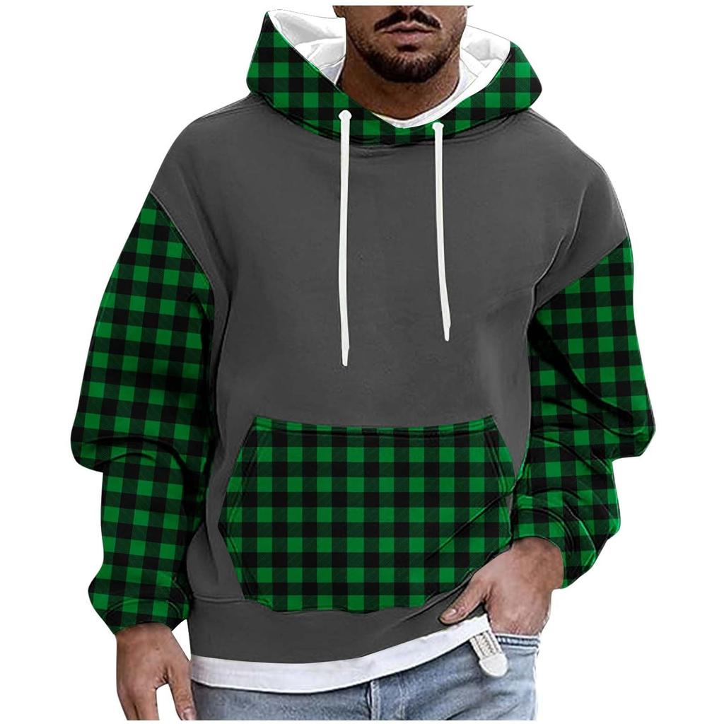 Men's Checked Casual Hooded Drawstring Hoodie Pullover