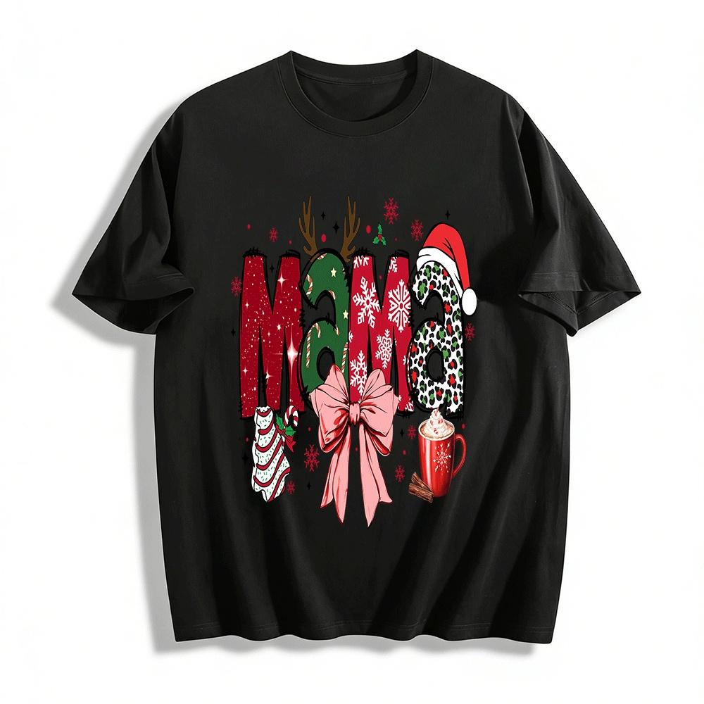 Christmas Themed Mama Print Casual Top Pure cotton T-shirt XXS