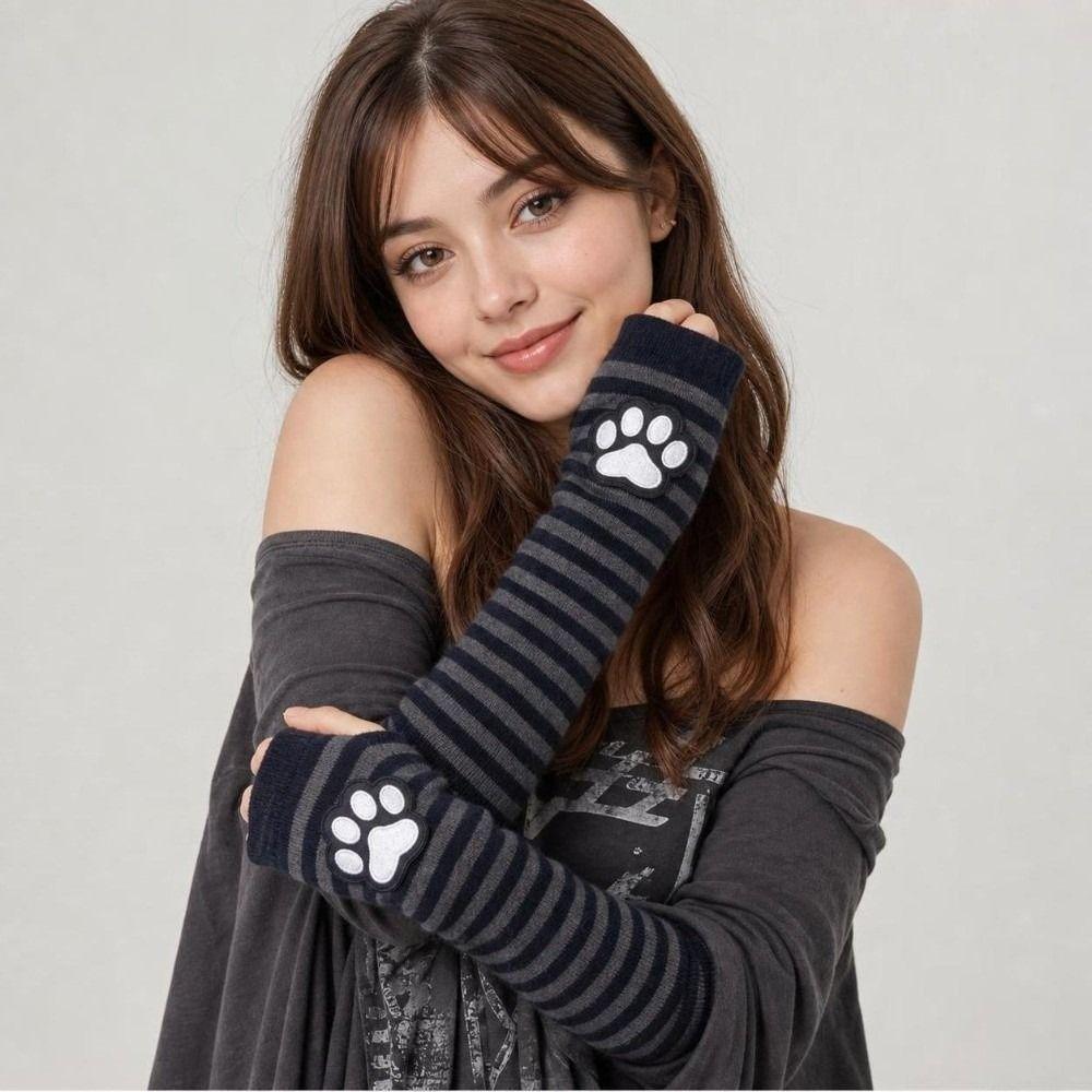 Black Arm Cover Striped Pattern Sleeves Gloves Cute Cat Claw Fingerless Gloves  for Women