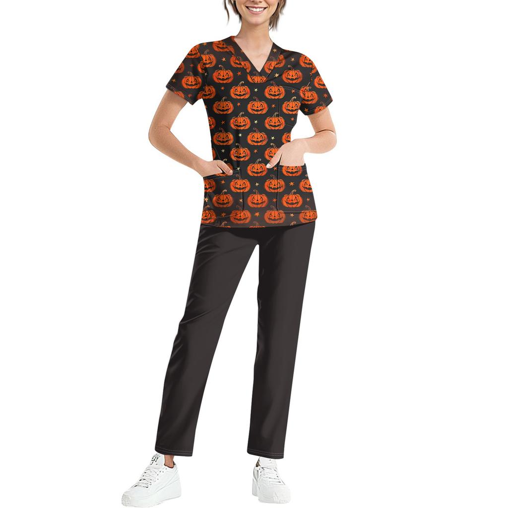 Women's Costume Set Short Sleeve Halloween Print Pocket Top and Pants 2 Piece Work Uniform