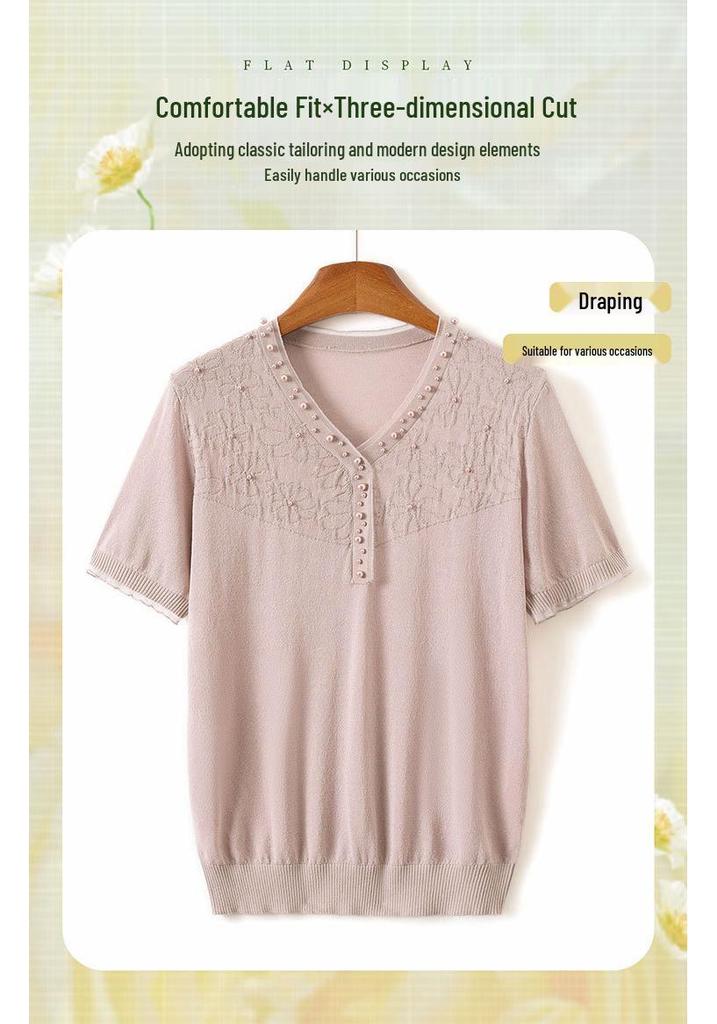 Women's Summer Ice Silk Short-Sleeve Age-Defying Top, Lightweight Knit T-Shirt for Middle-Aged and Elderly.