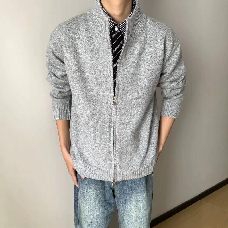 American Commute Minimal Stand Collar Double Zip Knit Cardigan Unisex Casual Versatile Loose Jacket