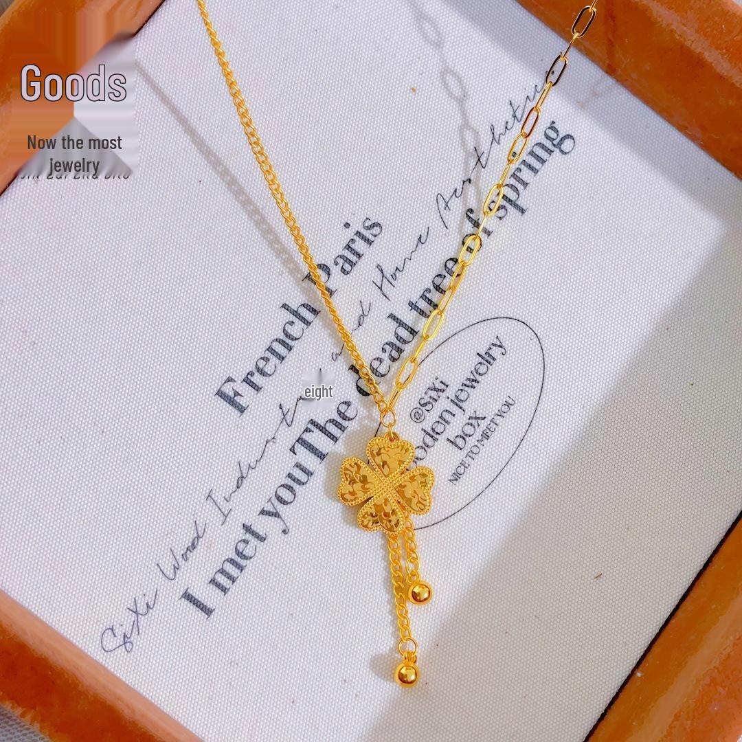 Four-Leaf Clover Tassel Necklace - Gold-Plated Irregular Design