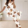 Women Plus Size V Neck Short Sleeve Cute Mouse Cookie Print White Pajama Set