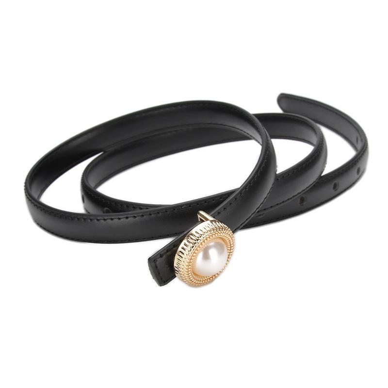 New Cowhide Versatile Genuine Leather Pearl Thin Belt Women's Summer Ins Style Suit Belt Black Jeans Belt