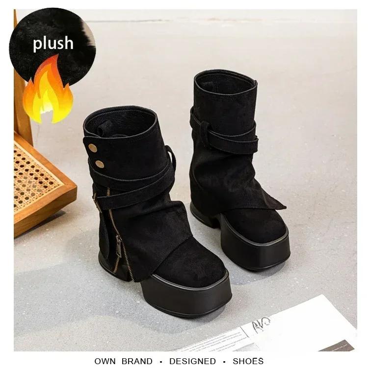 Fashion 11cm Suede Cow Genuine Leather Spring Platform Wedge Flats Women Autumn British Motorcycle Fashion ZIP Ankle Boots Shoes