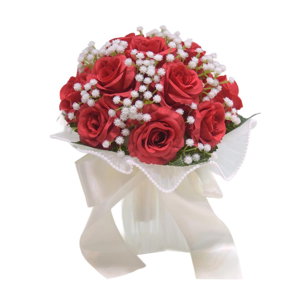 Elegant Bridal Bouquet with White Roses and Baby s Breath adorned with Pearls - Artificial Handheld Wedding Floral Arrangement