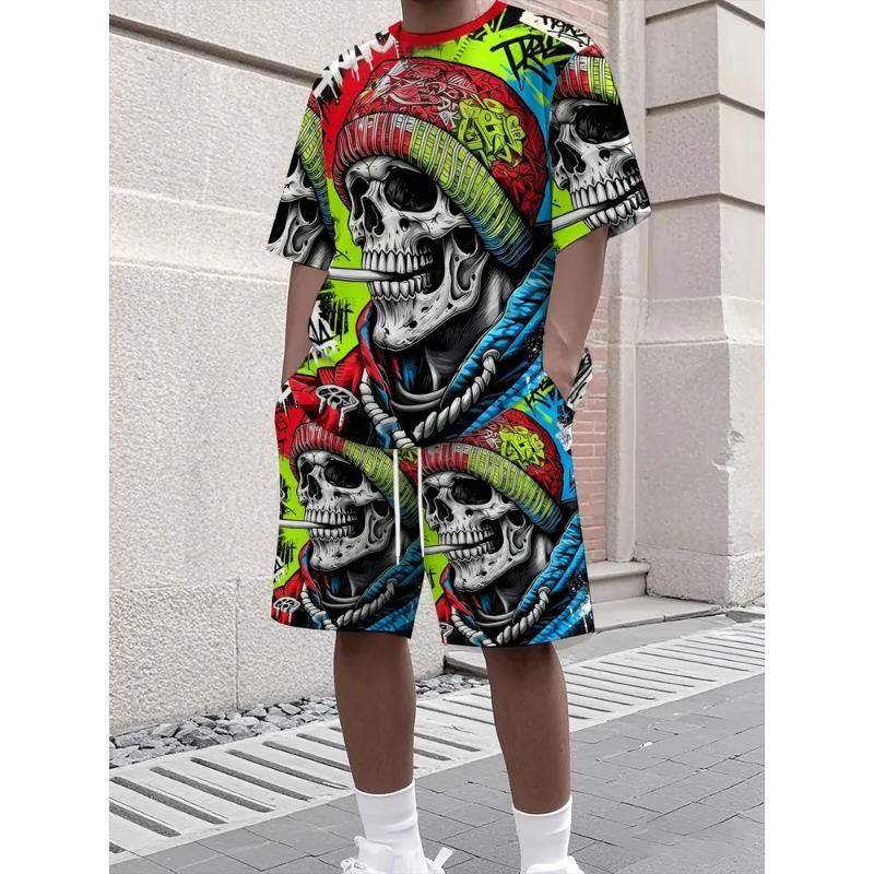 Fashion Men's Casual Suit T-shirt Shorts Two-piece Set Summer Simple 3D Printing