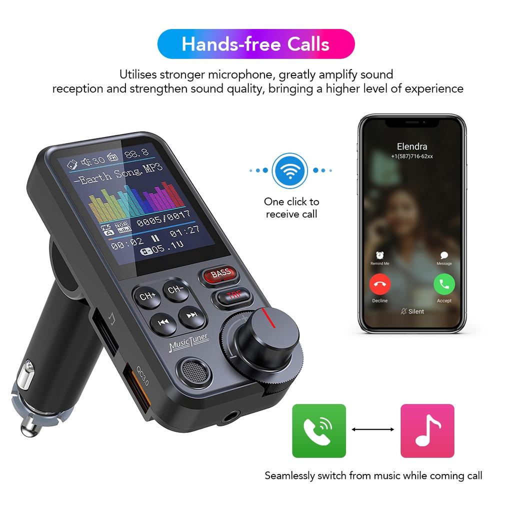 1.8 Inch Wireless Car Bluetooth FM Transmitter Aux Supports QC3.0 Charging Treble and Bass Sound Music Player