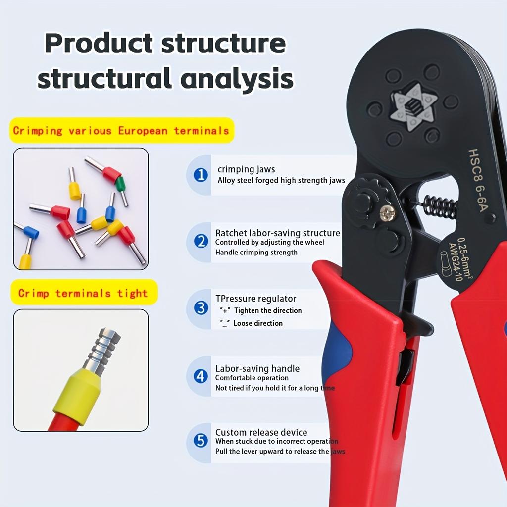 1pc HSC8 High Precision Crimping Pliers Tube Terminal Crimping Tool for Metal, 6-4A/0.25-10mm², 6-6A/0.25-6mm² Hardware Tools