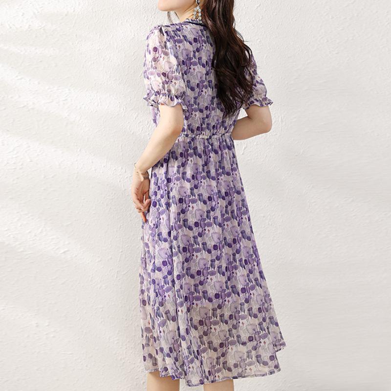 New Summer Designer V-neck Waist-closed Imitation Mulberry Silk Commuting Dress