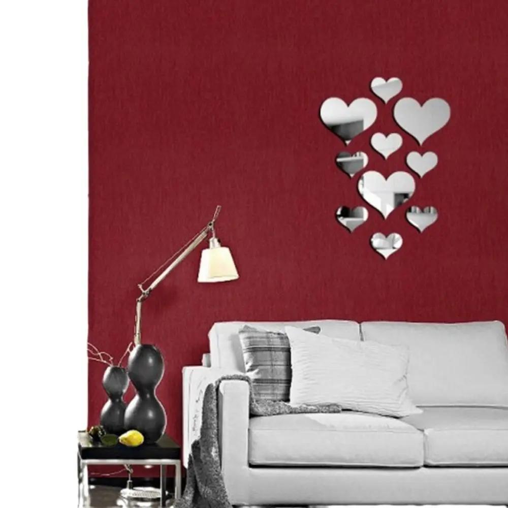 10Pcs/Set Love Heart Shaped Stickers Wall Sticker Mirror Mural 3D Decal Simple DIY Decorative Removable Paster Home Decoration