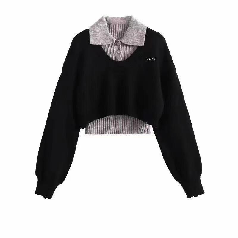 

New college style fashion short sweater women s autumn and winter Korean drama wear two-piece suit knitted sweater top The average size чёрный