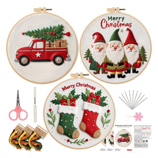 Christmas Cross Stitch Kit for Beginners Embroidery DIY Material Package with Hoops Colored Threads