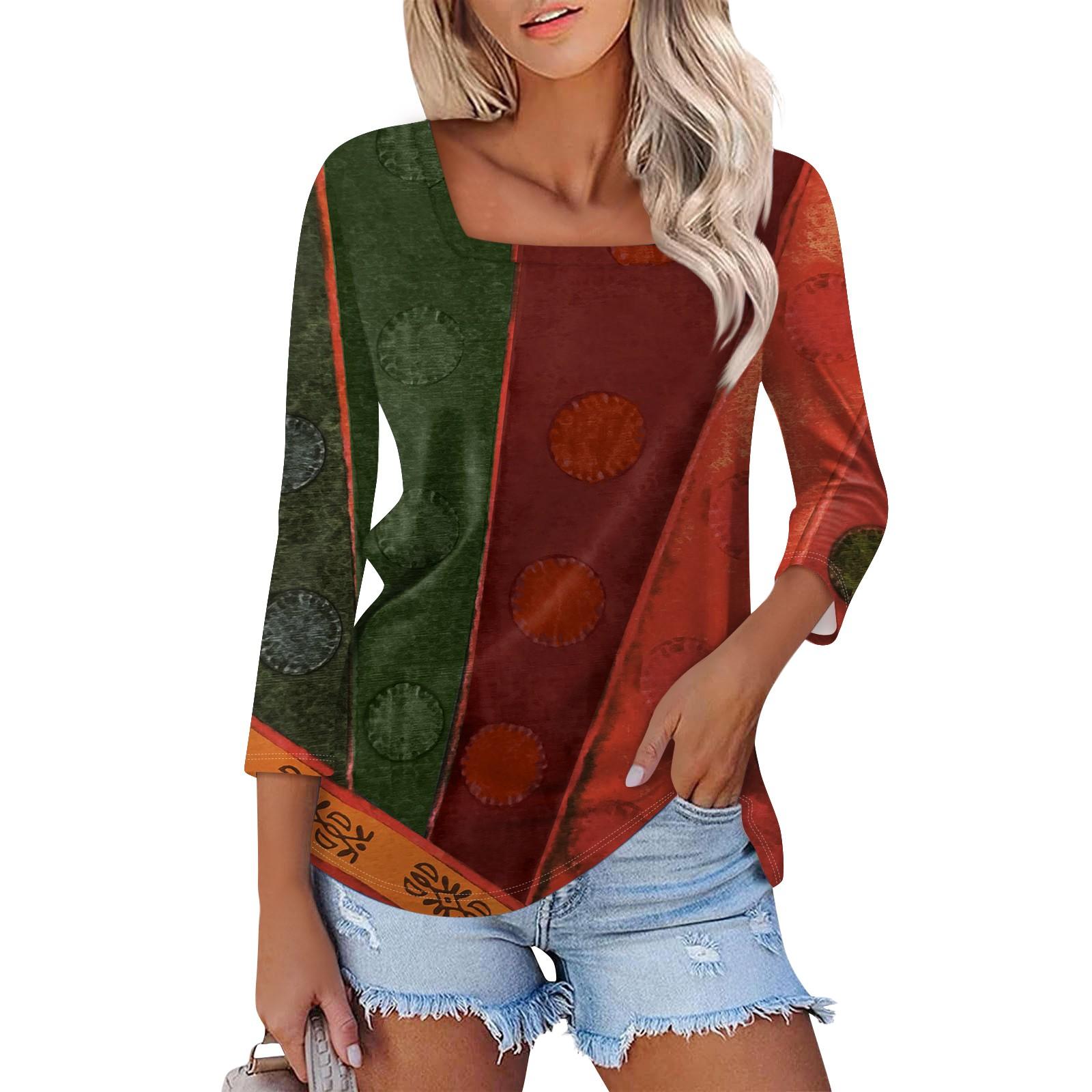 

Рубашка для женщин, модная повседневная свободная футболка с квадратным вырезом и рукавами 3/4, женский топ L темно-зеленого