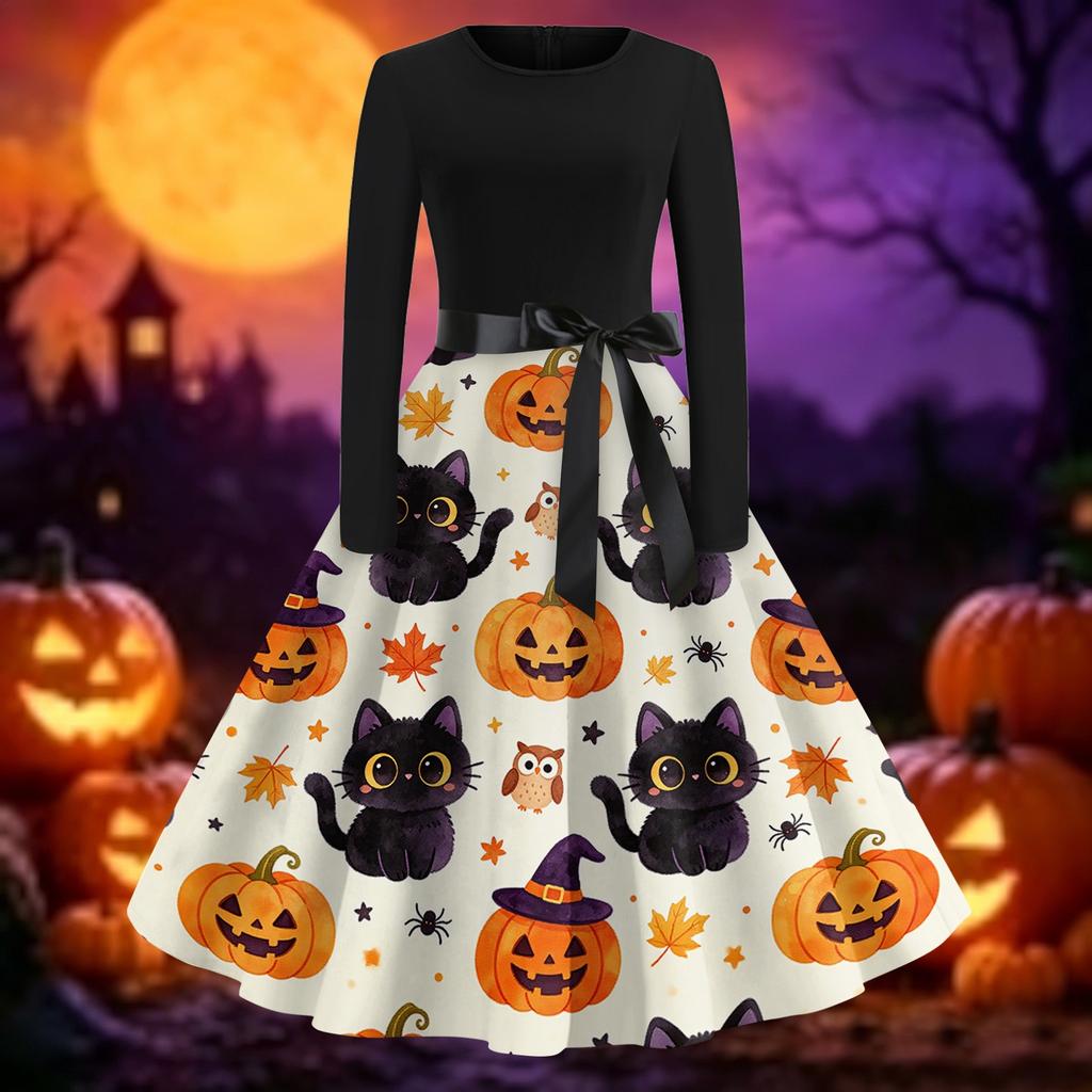 Women's Halloween Print Long Sleeve Round Neck Slim Fit Swing Casual Dress