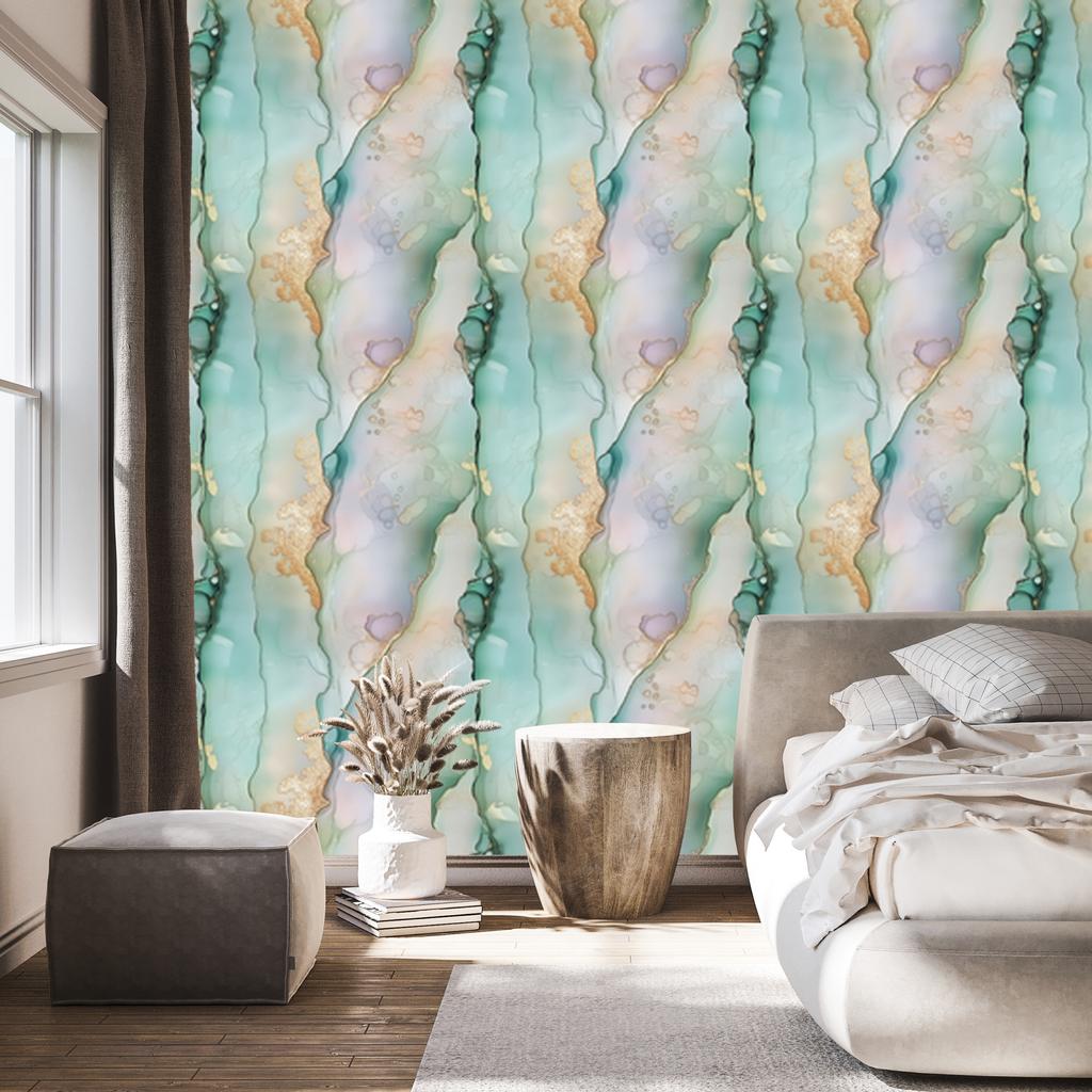 Light gray, sea green and beige ink wallpaper for living room and bedroom 50x1000