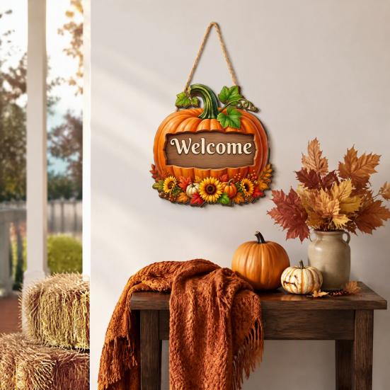 Festive Harvest Festival Decor Autumn Pumpkin Gnome Welcome Sign for Front Door, Rustic Wood Hanging Thanksgiving Wall Ornament with Hemp Rope