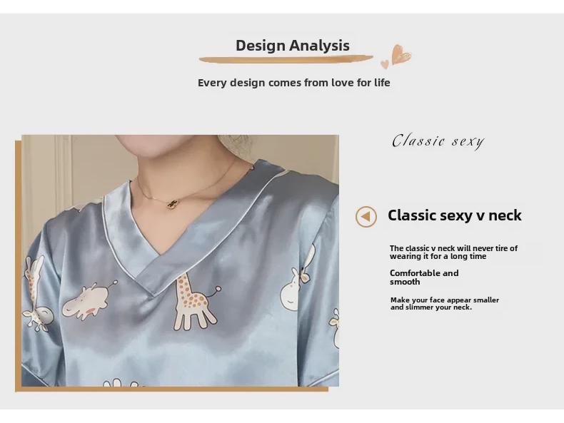 Women's V-Neck Cartoon Silk Pajama Set - Summer Short Sleeve 2022 Collection
