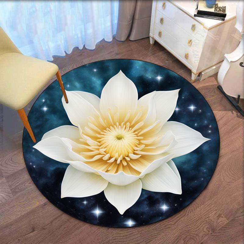 

Round Crystal Velvet Rug White Lotus Flower Galaxy Starry Sky Pattern Yoga Mat Bedroom Floor Decor Cosmic Peaceful Design 60cm
