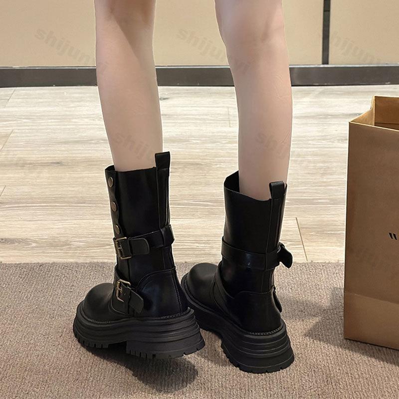 Women Boots Autumn New Fashion Retro Round Toe Platform Buckle Female Ankle Boot Synthetic Leather Outdoor Anti Slip Botas Mujer