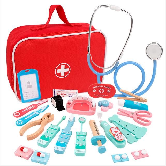 Wooden Toddler Doctor Kit: Nurse Bag Pretend Play Toy Set