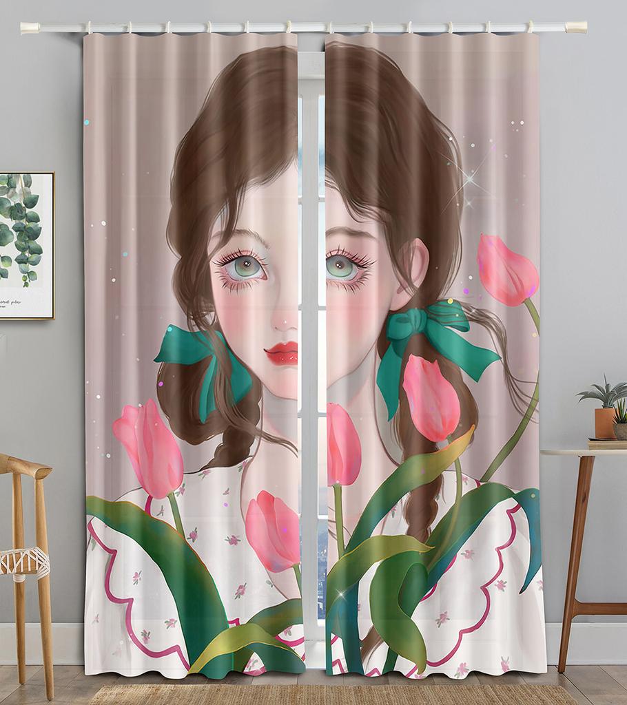 Flower Maiden Butterfly Shiny Girl Blackout Window Curtain for Living Room Bedroom Bathroom Kicthen Door Cupboard Decor Hooks