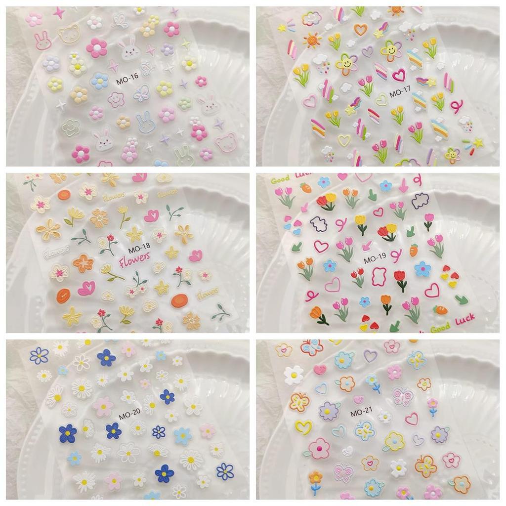 Embossed Nail Art Stickers: Flowers, Daisy, Cartoon, Tulips, Rabbit, Love, Butterfly Decals.