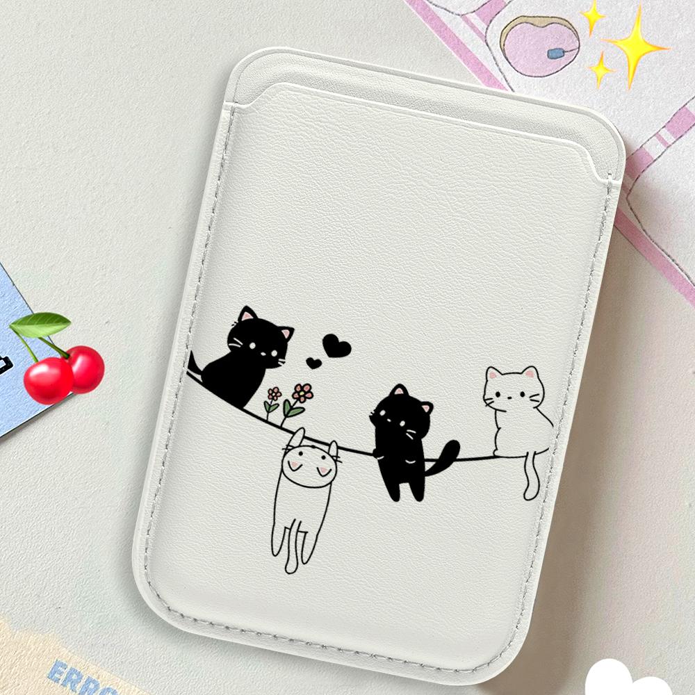 Cute Kitten Leather Card Wallet Cover Phone Card Holder Magnetic Case Suitable For All iPhone For Magsafe Card Phone Back Bag