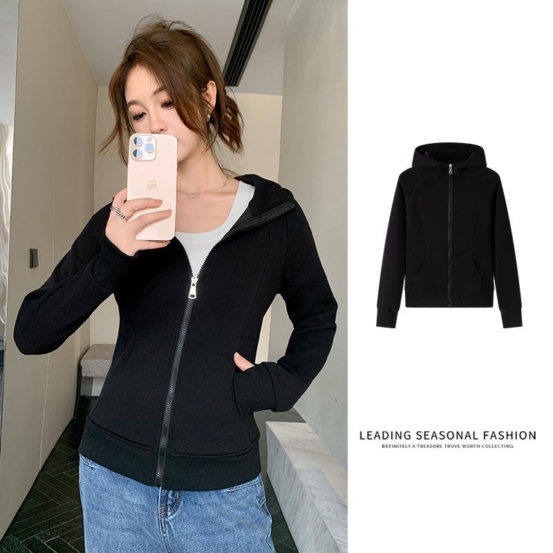 

Korean-style pocketed hooded zip-up sweatshirt for women, spring and autumn, long-sleeved, slim-fit, waist-cinching, high-end, fleece-lined jacket S Suitable80-95Jin чёрный
