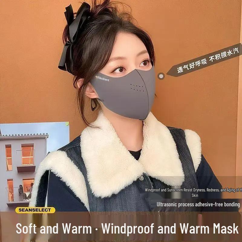 Warm Fishbone 3D Windproof Plush Mask: Thickened for Winter with Eye Protection and Face-Slimming Features.