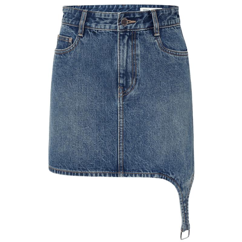 

MO&Co. Washed Denim A-Line Mini Skirt with Oblique Strap L