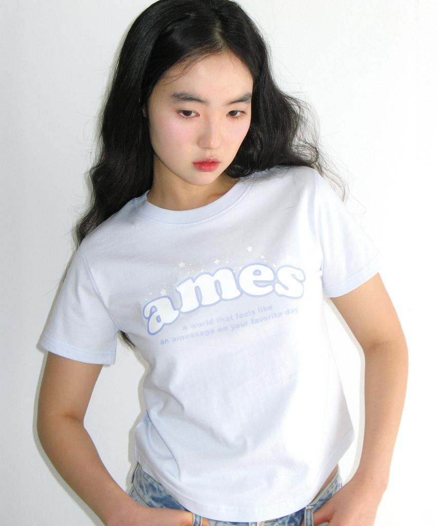 AMES-WORLDWIDE Shining Ames Round Hem Crop Tee Blue