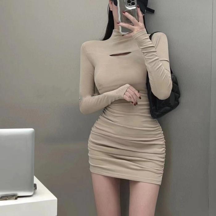 Sweet Spice Girl Black Long Sleeve Dress Women's Autumn and Winter New Waist Bottom Short Skirt Pure Desire Wind Hip Wrap Skirt