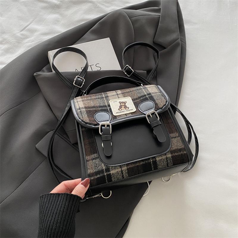 Шерстяная клетчатая портативная маленькая сумка женский новый модный студенческий стиль рюкзак зимняя ретро сумка-мессенджер